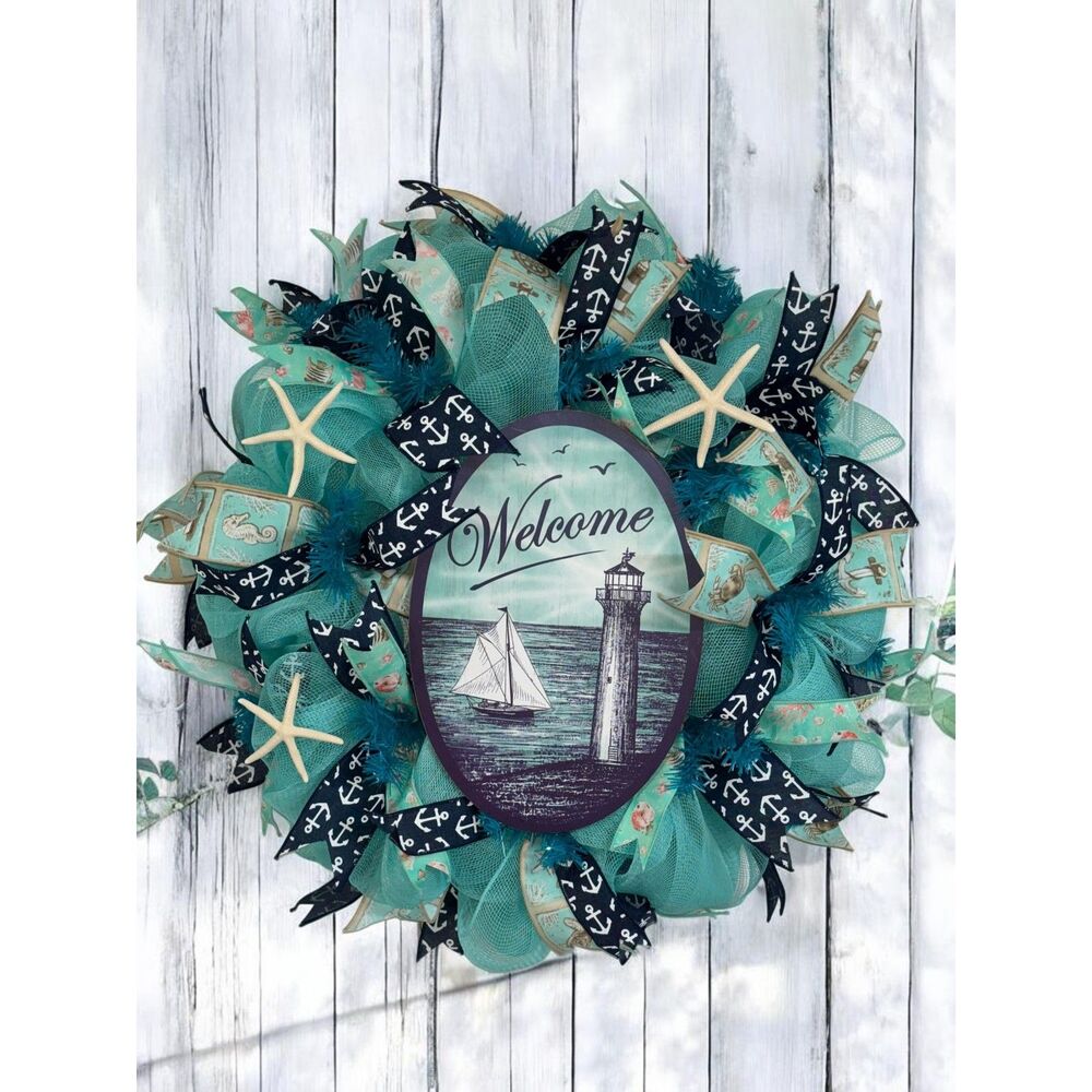 Welcome Lighthouse Beach Wreath • Coastal Front Door Decor • Nautical Wreath